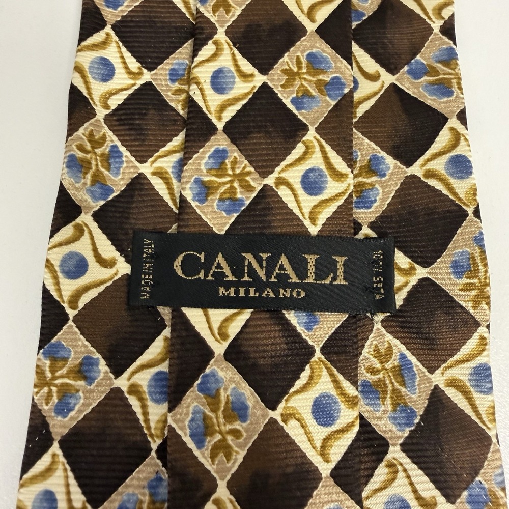 Canali Mens Tie Geometric Floral Brown/Yellow Silk Italy 3.75" (W) x 58" (L) guc